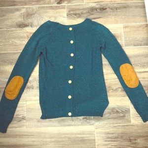 Teal sweater- elbow patches & buttons down back!